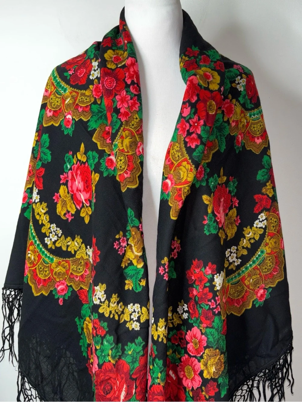 Vintage Russian Wool Floral Shawl Black Floral 52